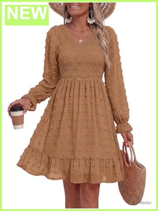 Dresses & Skirts - Women's Swiss Dot Chiffon Flowy Long Sleeve Dress with Ruffle Cuffs
